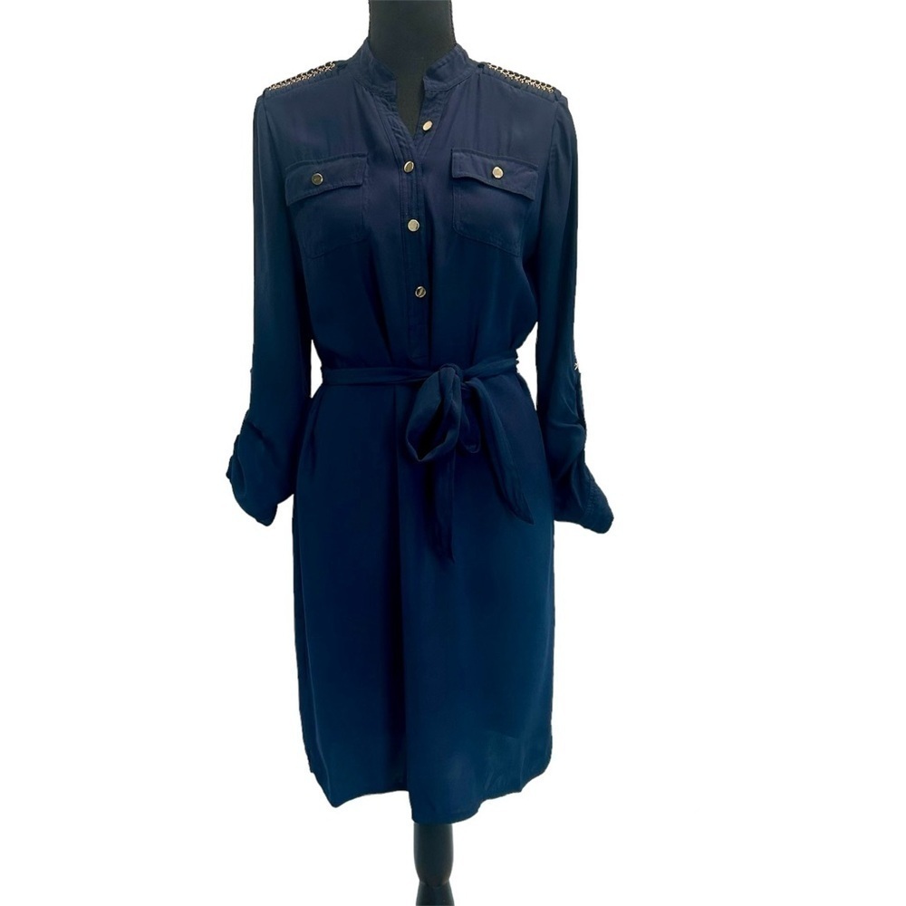 Cache navy blue long sleeve rolled cuff shirt dress Sz S